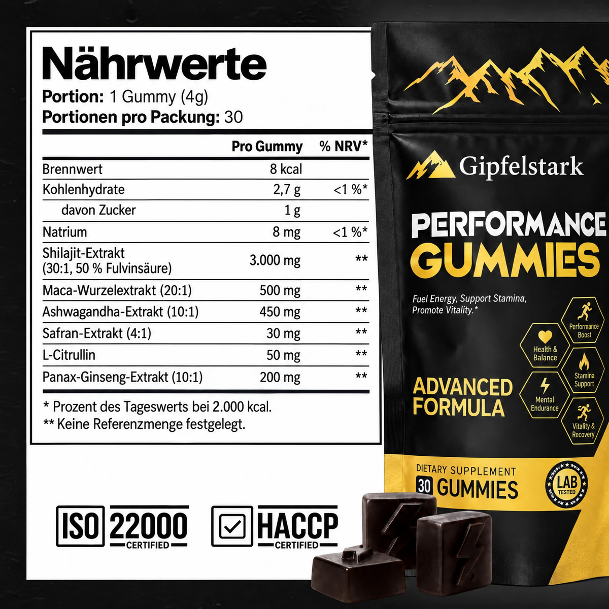 Nährwerte Gipfelstark Performance Gummies, ISO 22000 und HACCP zertifiziert