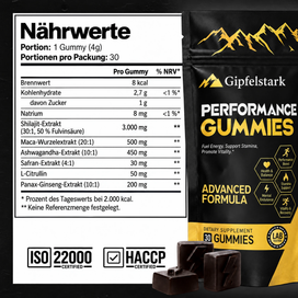 Nährwerte Gipfelstark Performance Gummies, ISO 22000 und HACCP zertifiziert